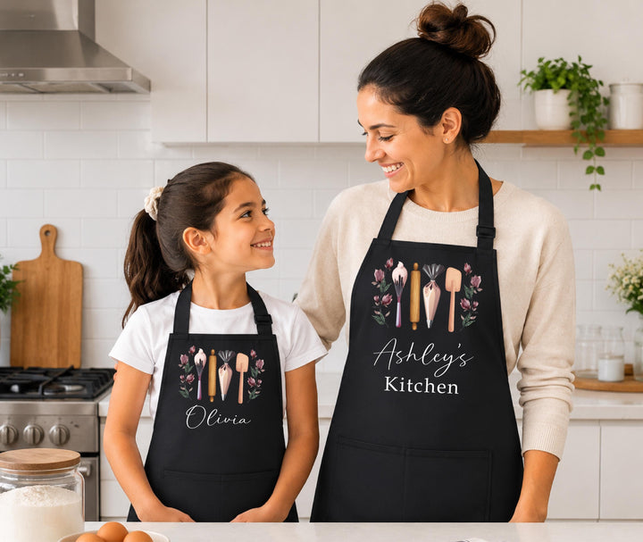 Custom Name Kitchen Apron, Matching Mommy Me Baking Gift , Floral Baking Utensil Apron