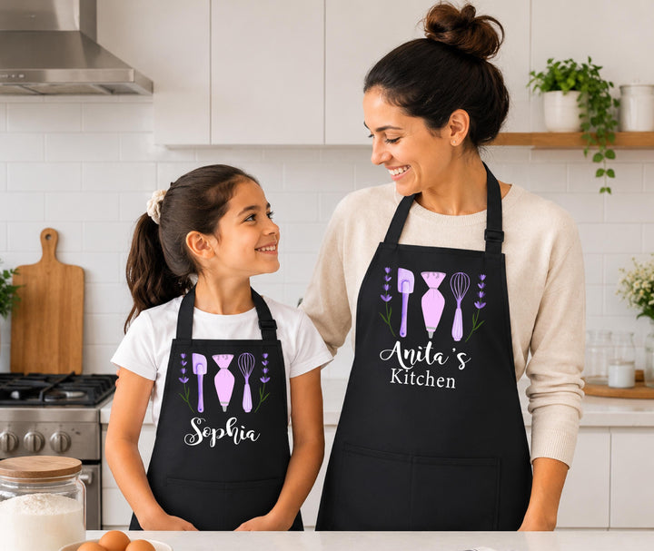 Personalized Girls Baking Apron, Lavender Baking Utensil Apron, Custom Name Kids Apron, Mom Daughter Matching Aprons, Little Baker Gift