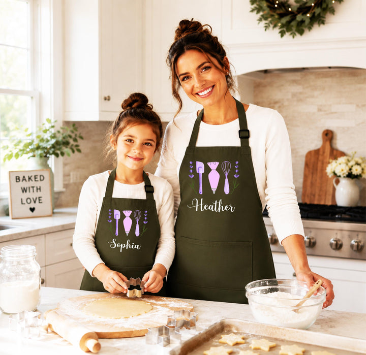 Personalized Girls Baking Apron, Lavender Baking Utensil Apron, Custom Name Kids Apron, Mom Daughter Matching Aprons, Little Baker Gift