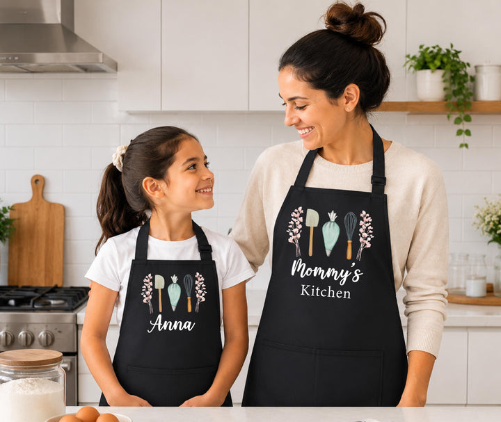 Personalized Mom Daughter Aprons, Floral Baking Utensil Apron, Custom Name Kids Apron, Matching Mommy Me Apron, Little Baker Gift
