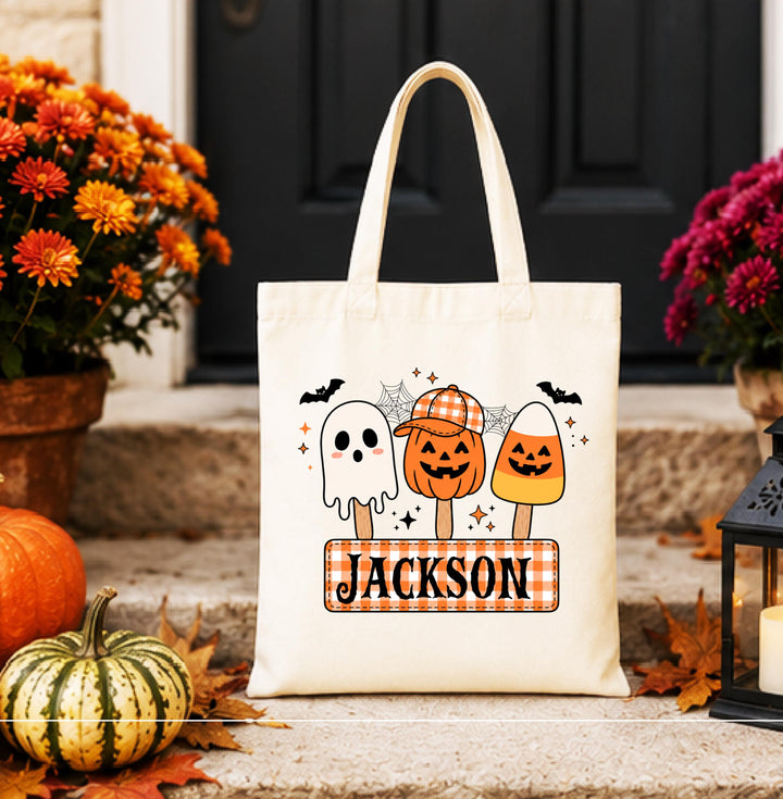 Personalized Ghost Pumpkin Halloween Tote – Custom Name Candy Bag