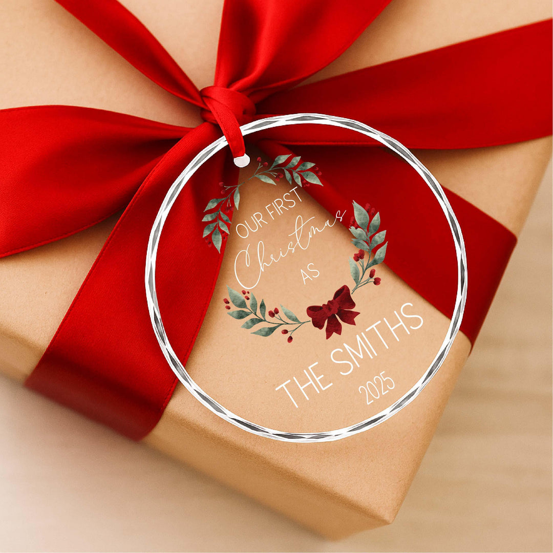 Our First Christmas Mr & Mrs Ornament – Newlywed Wreath Keepsake