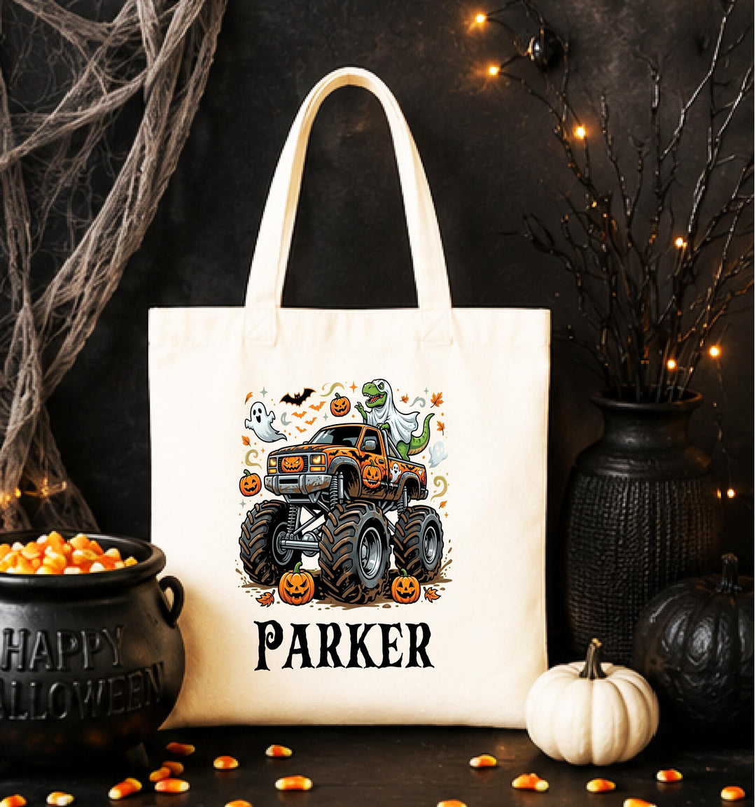 Personalized Monster Truck Ghost Halloween Tote – Custom Name Candy Bag