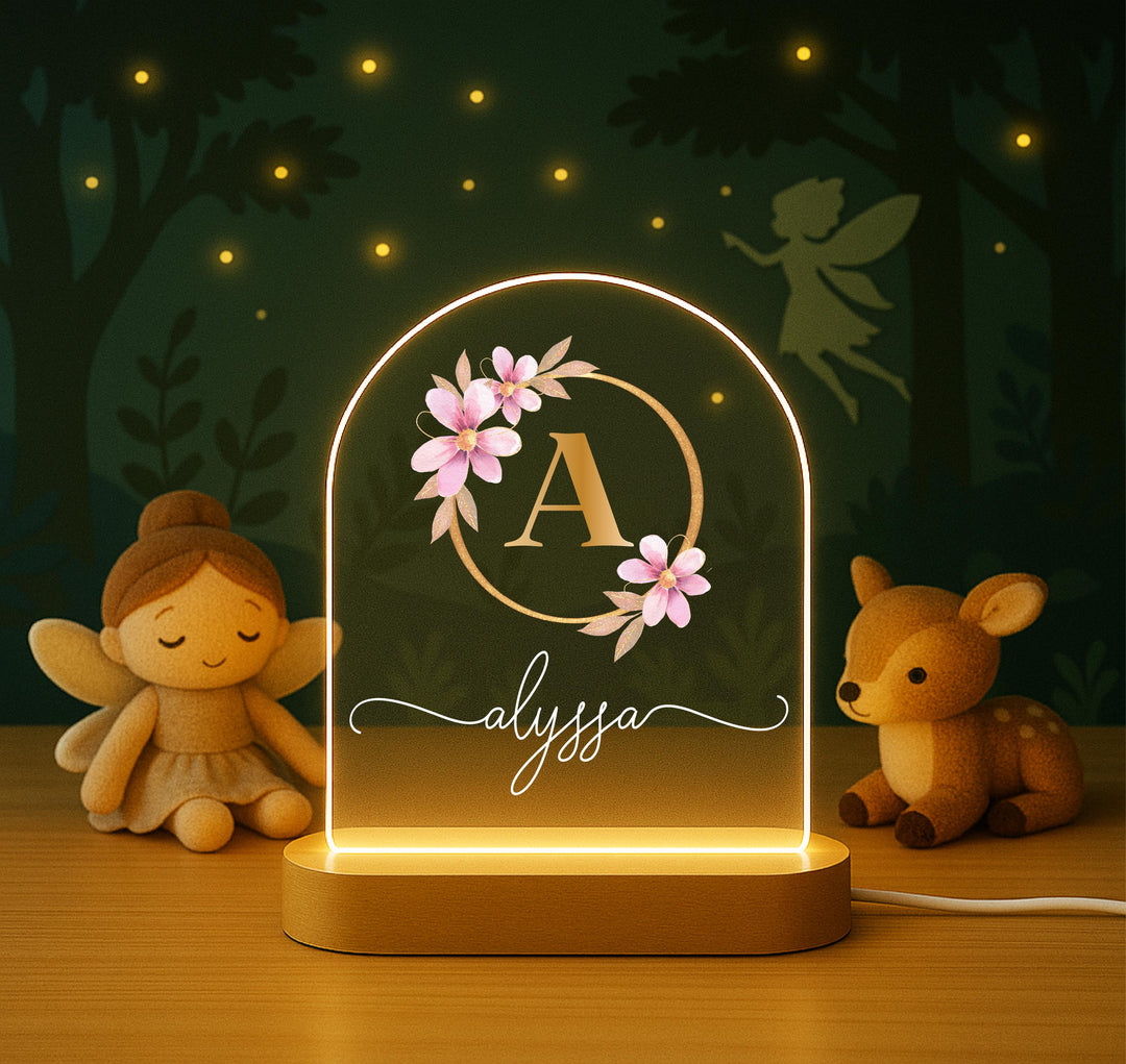 Personalized initial Floral Night Light, Custom Name Monogram LED Lamp, Initial Name Light for Girl, Nursery Decor, Birthday Gift for Her
