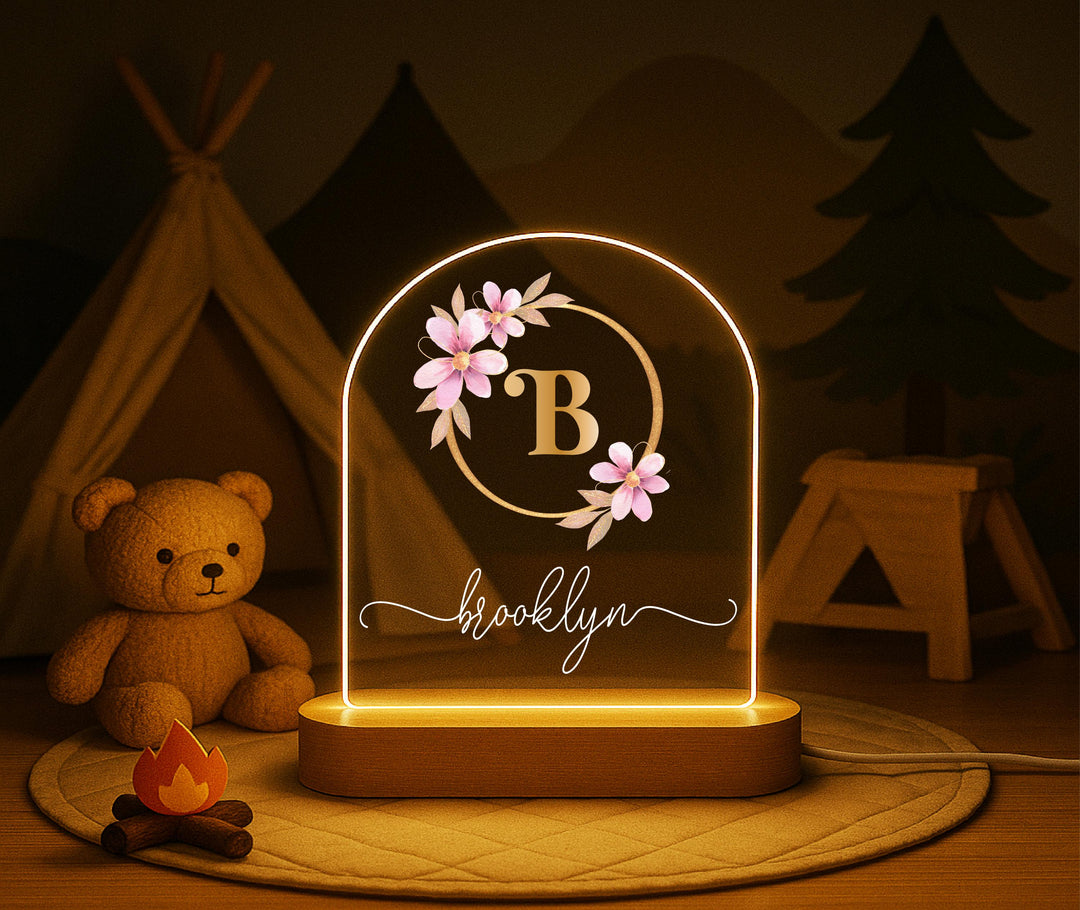 Personalized initial Floral Night Light, Custom Name Monogram LED Lamp, Initial Name Light for Girl, Nursery Decor, Birthday Gift for Her