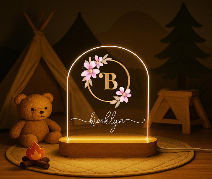 Personalized initial Floral Night Light, Custom Name Monogram LED Lamp, Initial Name Light for Girl, Nursery Decor, Birthday Gift for Her