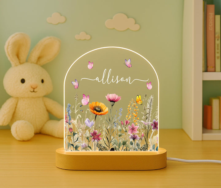 Personalized Wildflower Night Light, Custom Name LED Lamp, Butterfly Nursery Decor, Floral Bedroom Light, Birthday Gift for Girl