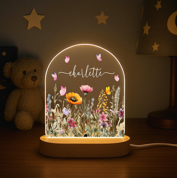 Personalized Wildflower Night Light, Custom Name LED Lamp, Butterfly Nursery Decor, Floral Bedroom Light, Birthday Gift for Girl