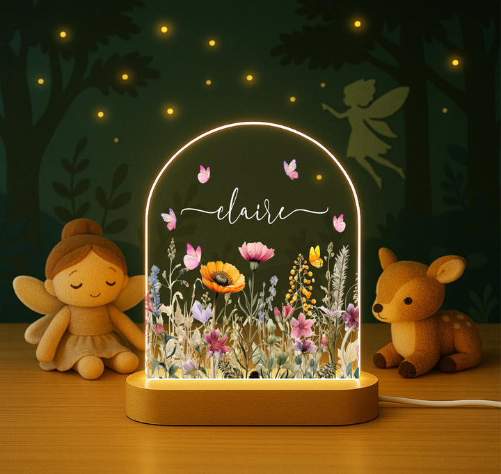 Personalized Wildflower Night Light, Custom Name LED Lamp, Butterfly Nursery Decor, Floral Bedroom Light, Birthday Gift for Girl