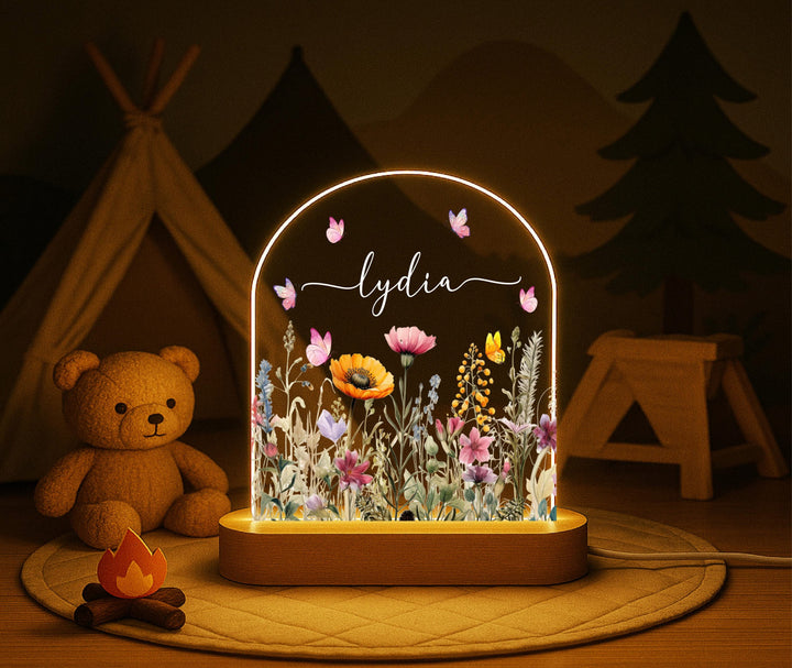 Personalized Wildflower Night Light, Custom Name LED Lamp, Butterfly Nursery Decor, Floral Bedroom Light, Birthday Gift for Girl