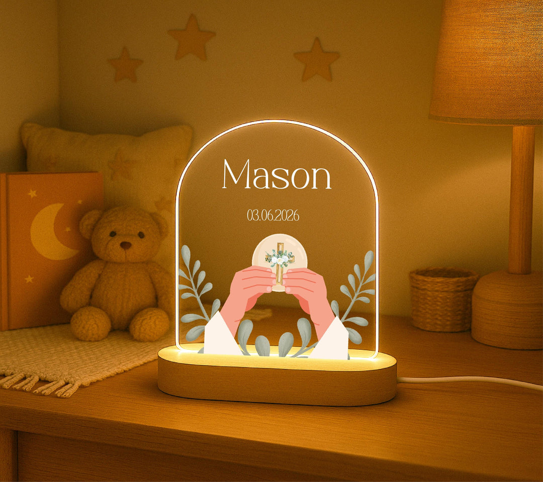 Personalized First Communion Night Light, Custom Name Catholic LED Lamp, First Holy Communion Gift for Boy Girl, Religious Keepsake