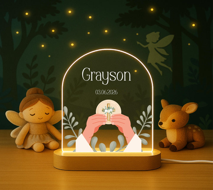Personalized First Communion Night Light, Custom Name Catholic LED Lamp, First Holy Communion Gift for Boy Girl, Religious Keepsake