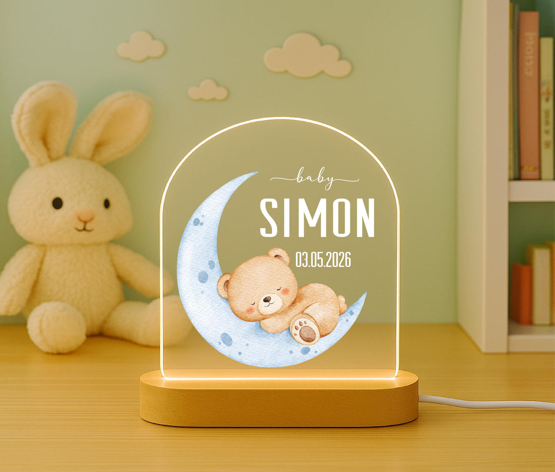 Personalized Baby Night Light, Custom Name Birth Keepsake LED Lamp, Teddy Bear Nursery Decor, Newborn Baby Gift, Baby Boy Gift