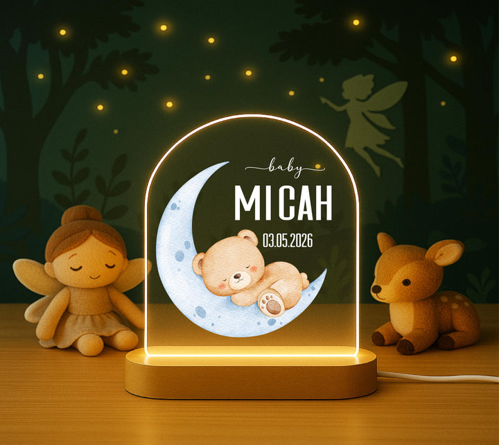 Personalized Baby Night Light, Custom Name Birth Keepsake LED Lamp, Teddy Bear Nursery Decor, Newborn Baby Gift, Baby Boy Gift