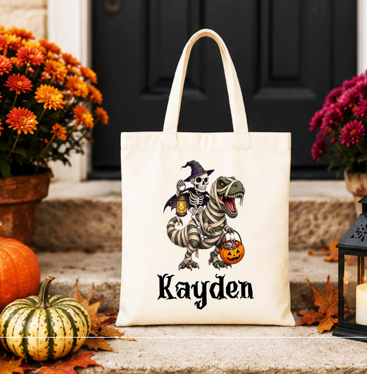 Personalized Skeleton Dinosaur Halloween Tote – Custom Name Candy Bag