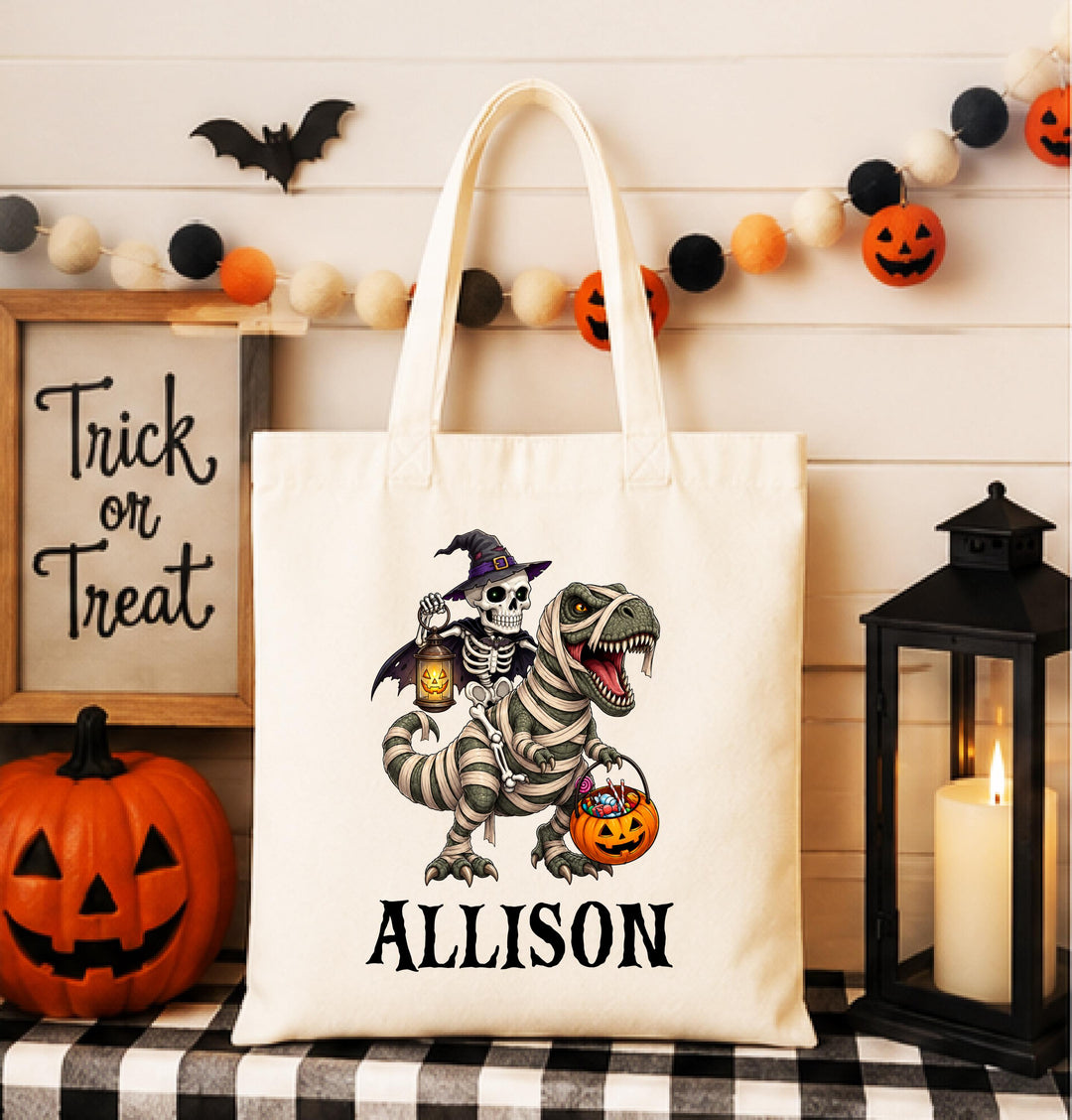 Personalized Skeleton Dinosaur Halloween Tote – Custom Name Candy Bag