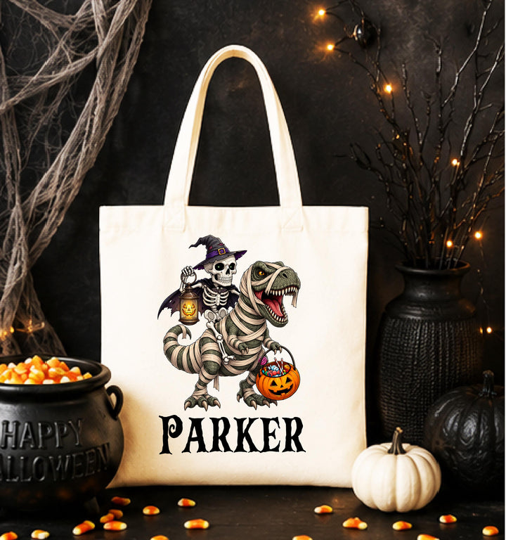 Personalized Skeleton Dinosaur Halloween Tote – Custom Name Candy Bag
