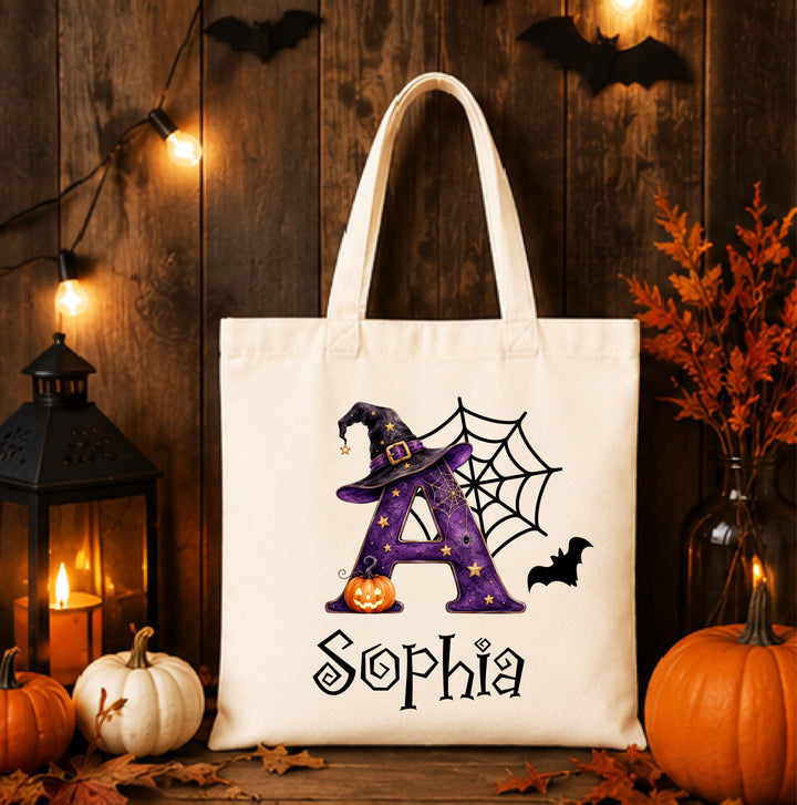 Personalized Witch Hat Initial Halloween Tote – Custom Name Bag