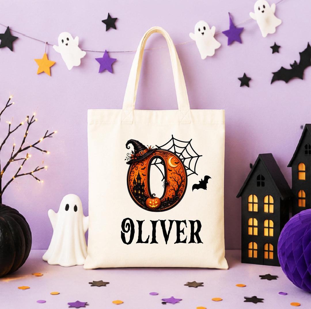 Personalized Witch Hat Initial Halloween Tote – Custom Name Bag