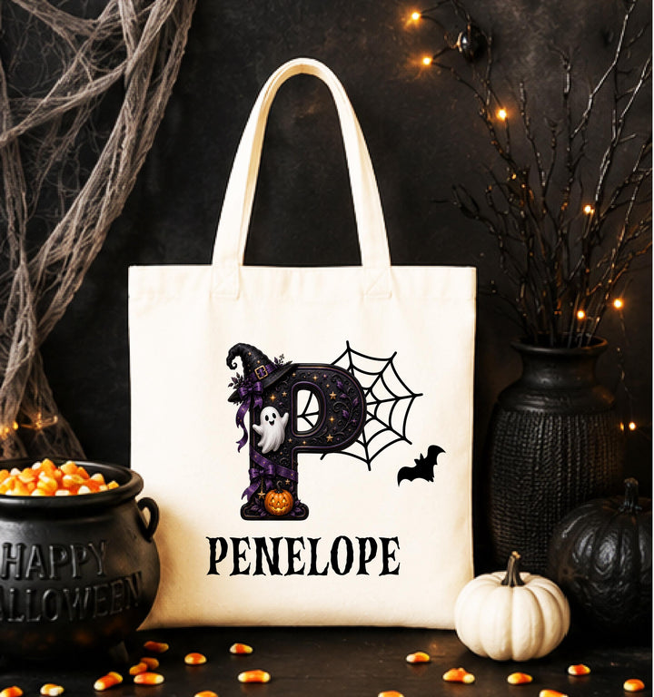 Personalized Witch Hat Initial Halloween Tote – Custom Name Bag