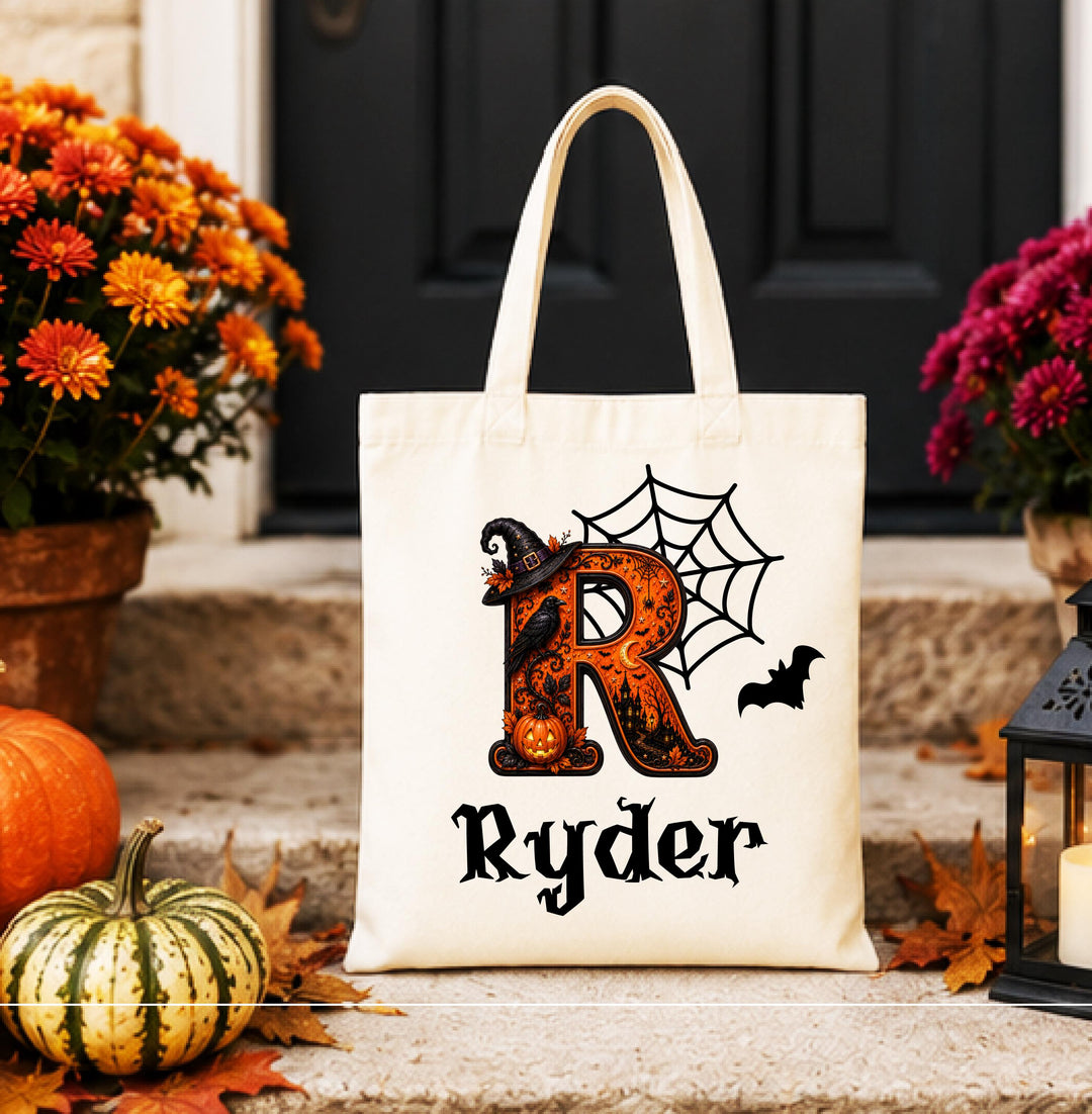 Personalized Witch Hat Initial Halloween Tote – Custom Name Bag
