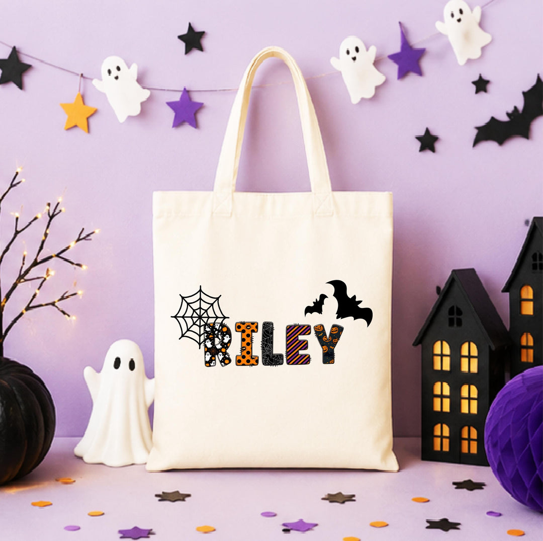 Personalized Spooky Name Halloween Tote – Custom Bats & Web Bag
