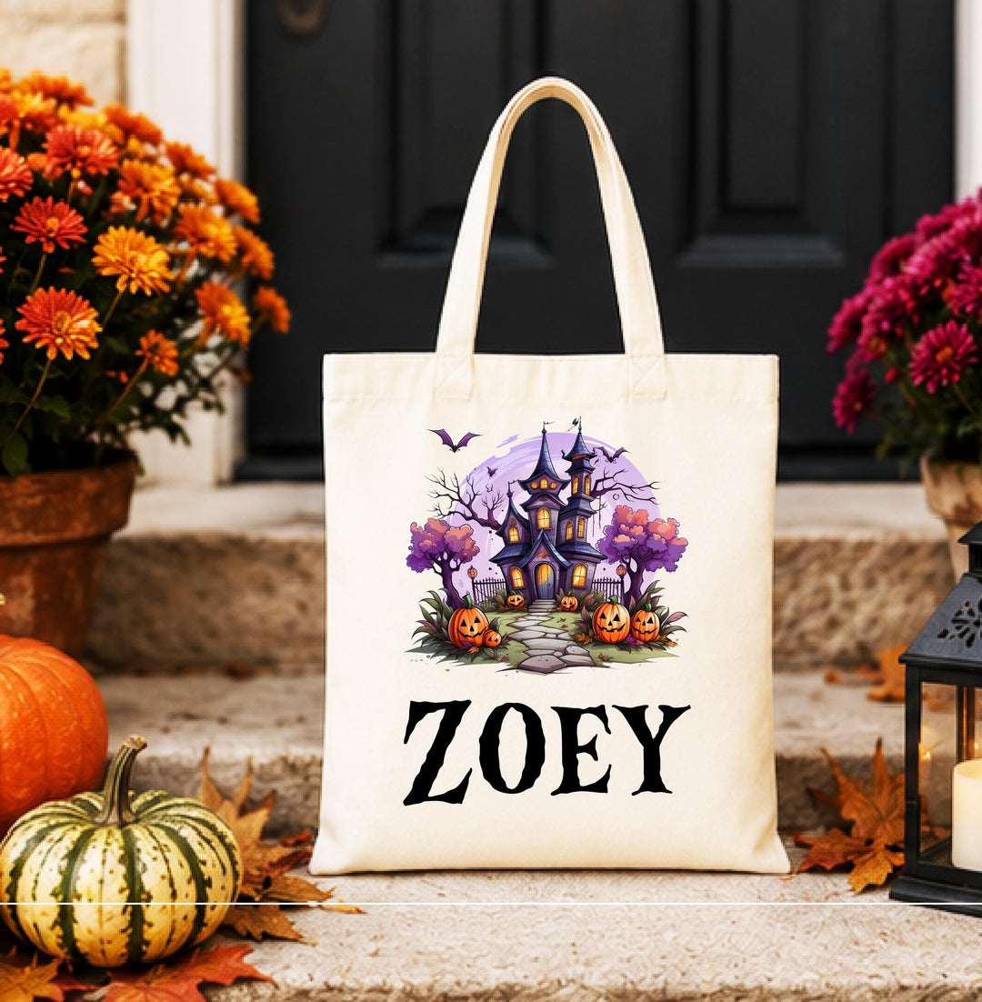 Personalized Haunted House Halloween Tote – Custom Name Candy Bag