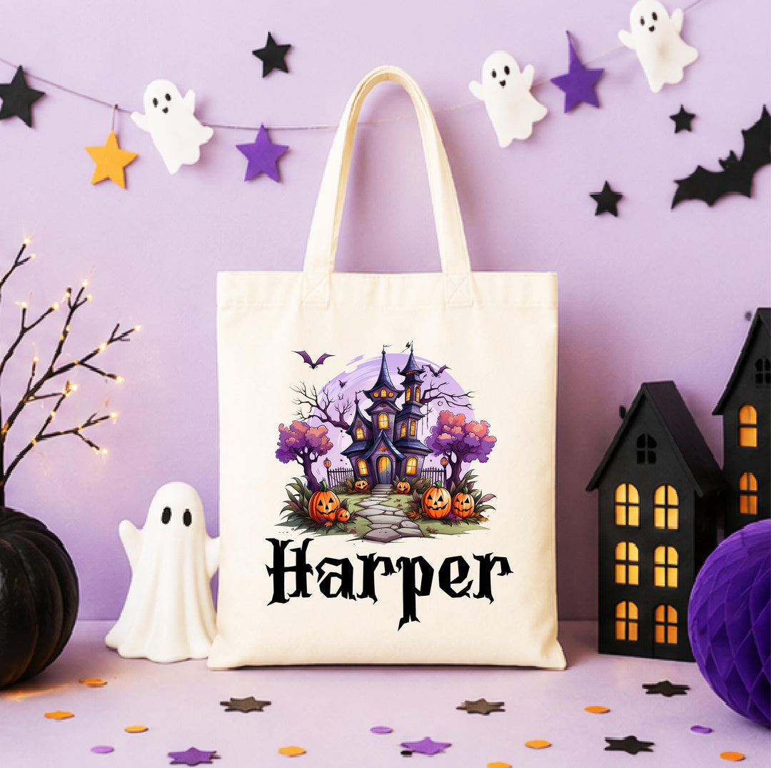 Personalized Haunted House Halloween Tote – Custom Name Candy Bag