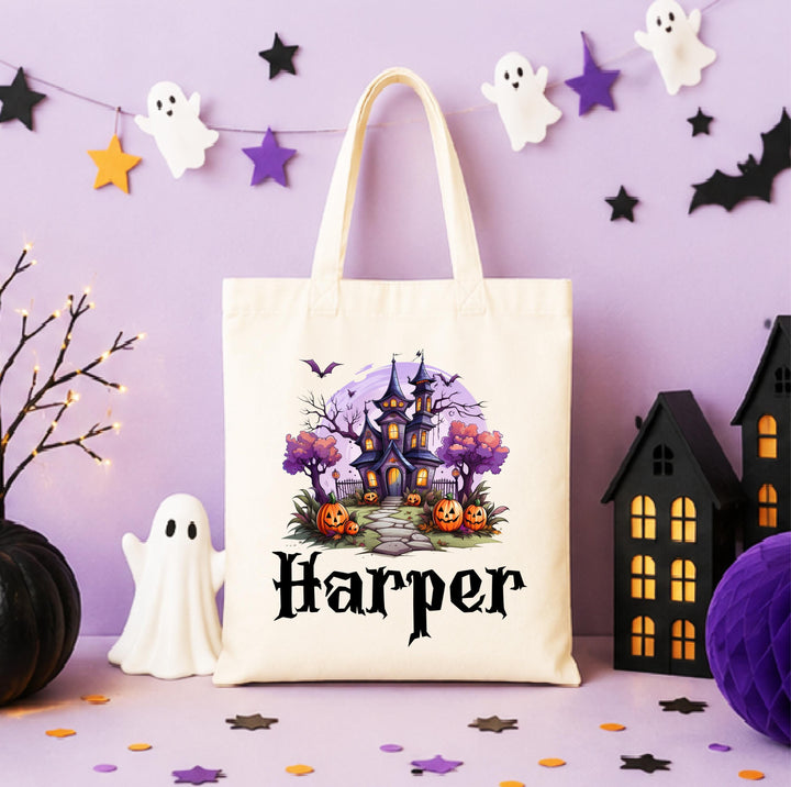 Personalized Haunted House Halloween Tote – Custom Name Candy Bag