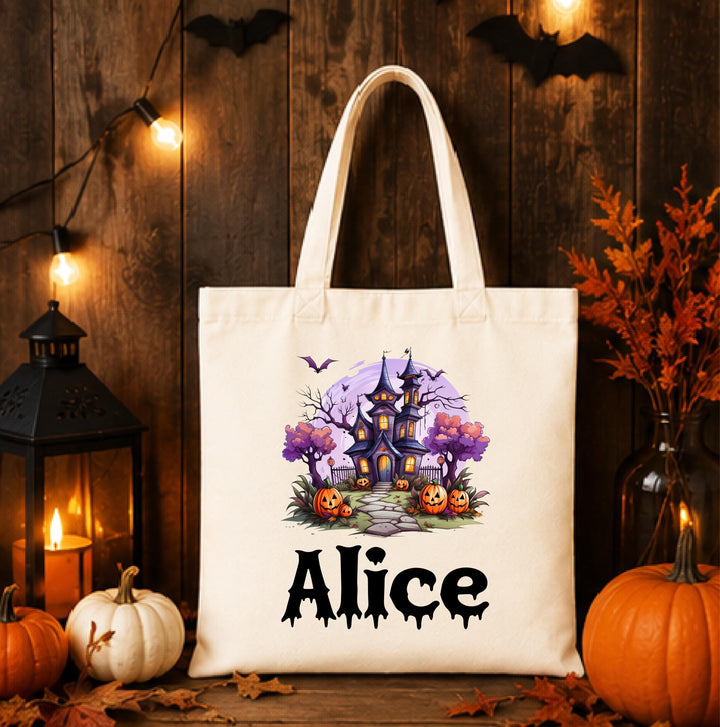 Personalized Haunted House Halloween Tote – Custom Name Candy Bag