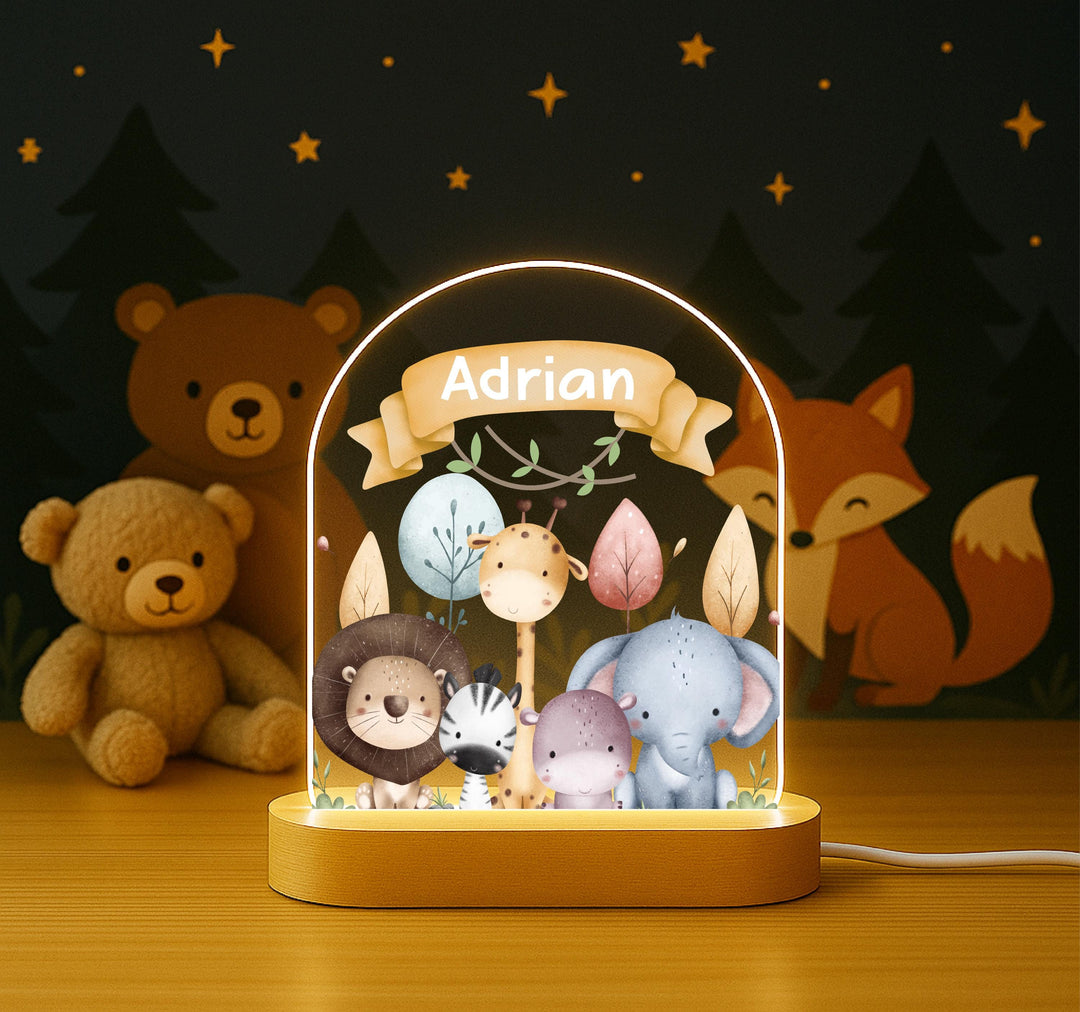 Personalized Safari Animal Night Light, Custom Name Nursery Lamp, Jungle Baby LED Light, Baby Boy Gift, Kids Room Decor, Newborn Gift