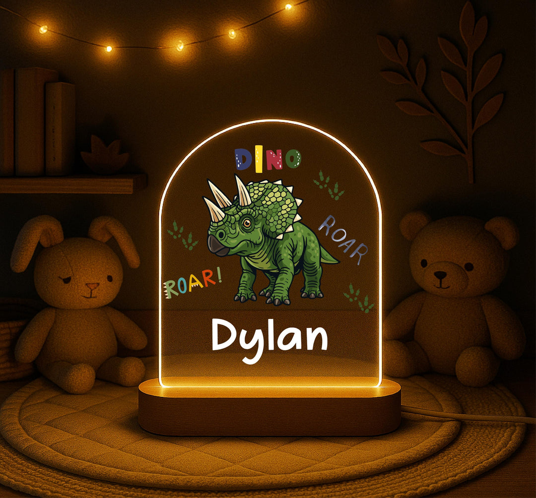 Personalized Dinosaur Night Light, Custom Name Dino Lamp for Kids, Triceratops Nursery Decor, Dinosaur Birthday Gift, Boys Bedroom Light