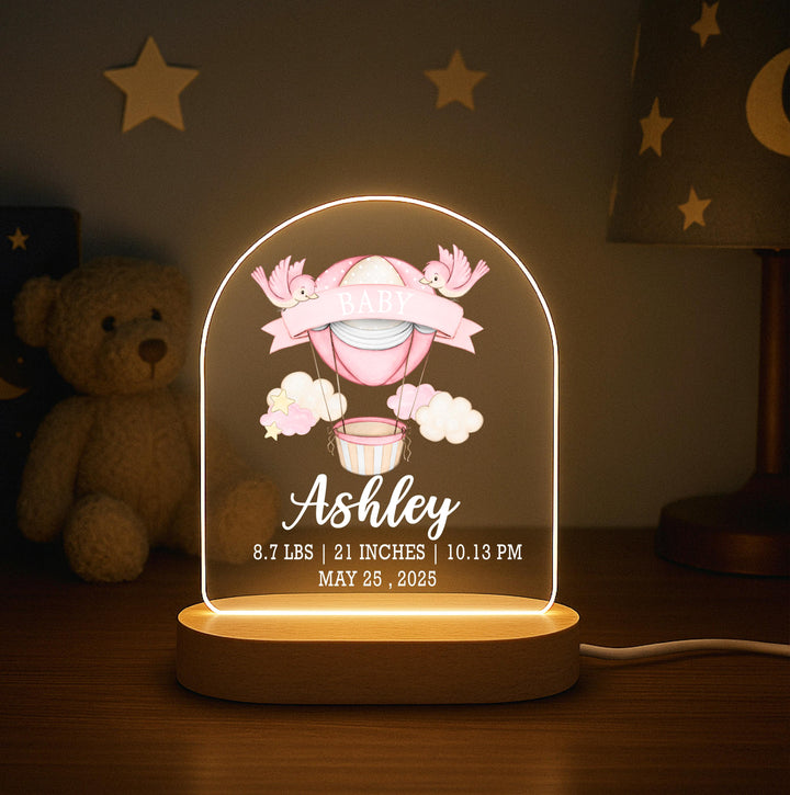 Personalized Baby Birth Stats Night Light, Custom Name Nursery Lamp, Hot Air Balloon Baby Gift, Newborn Keepsake, Boy Girl Nursery Decor