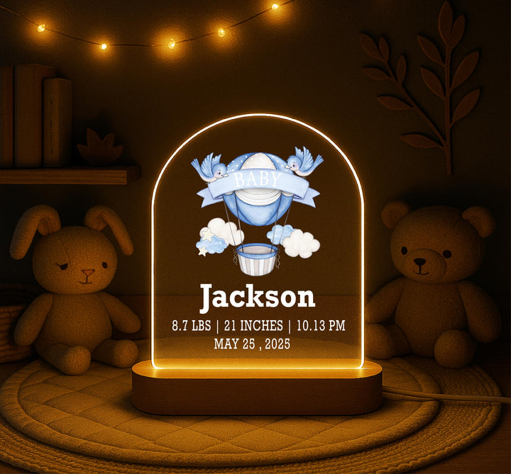 Personalized Baby Birth Stats Night Light, Custom Name Nursery Lamp, Hot Air Balloon Baby Gift, Newborn Keepsake, Boy Girl Nursery Decor