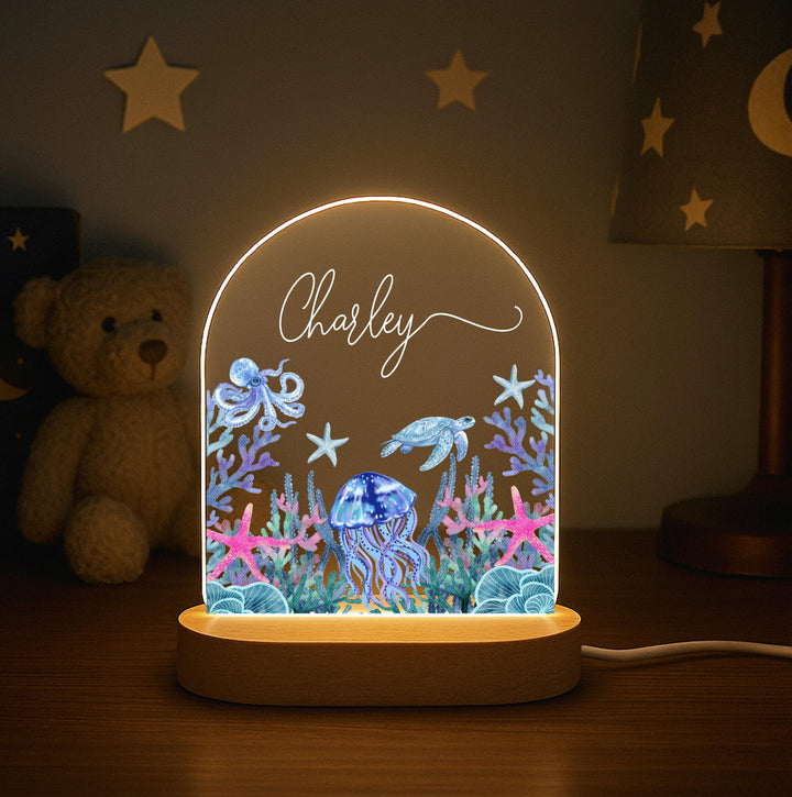 Under the Sea Nursery Decor, Sea Turtle Jellyfish Gift, Newborn Keepsake Custom Baby Name Lamp with Date