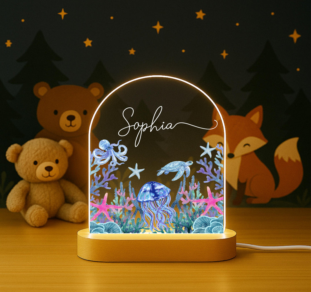 Under the Sea Nursery Decor, Sea Turtle Jellyfish Gift, Newborn Keepsake Custom Baby Name Lamp with Date