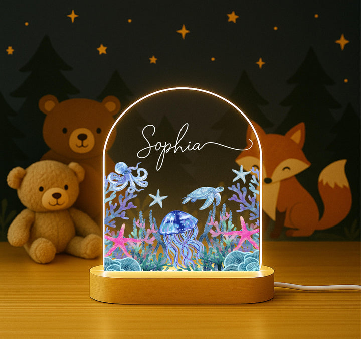 Under the Sea Nursery Decor, Sea Turtle Jellyfish Gift, Newborn Keepsake Custom Baby Name Lamp with Date