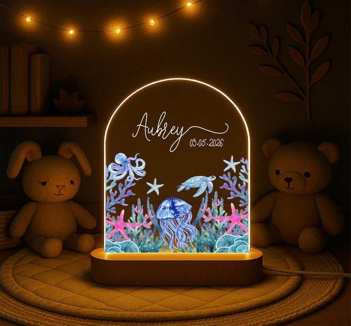 Under the Sea Nursery Decor, Sea Turtle Jellyfish Gift, Newborn Keepsake Custom Baby Name Lamp with Date