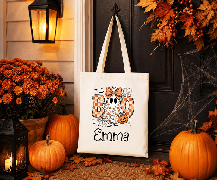 Personalized BOO Ghost Fall Tote – Custom Name Halloween Bag