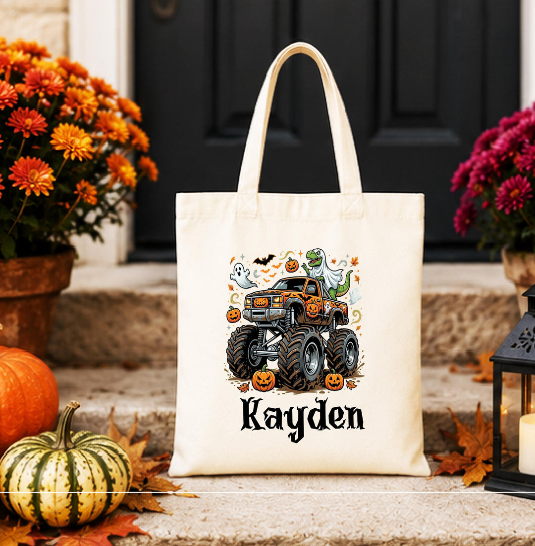 Personalized Monster Truck Ghost Halloween Tote – Custom Name Candy Bag