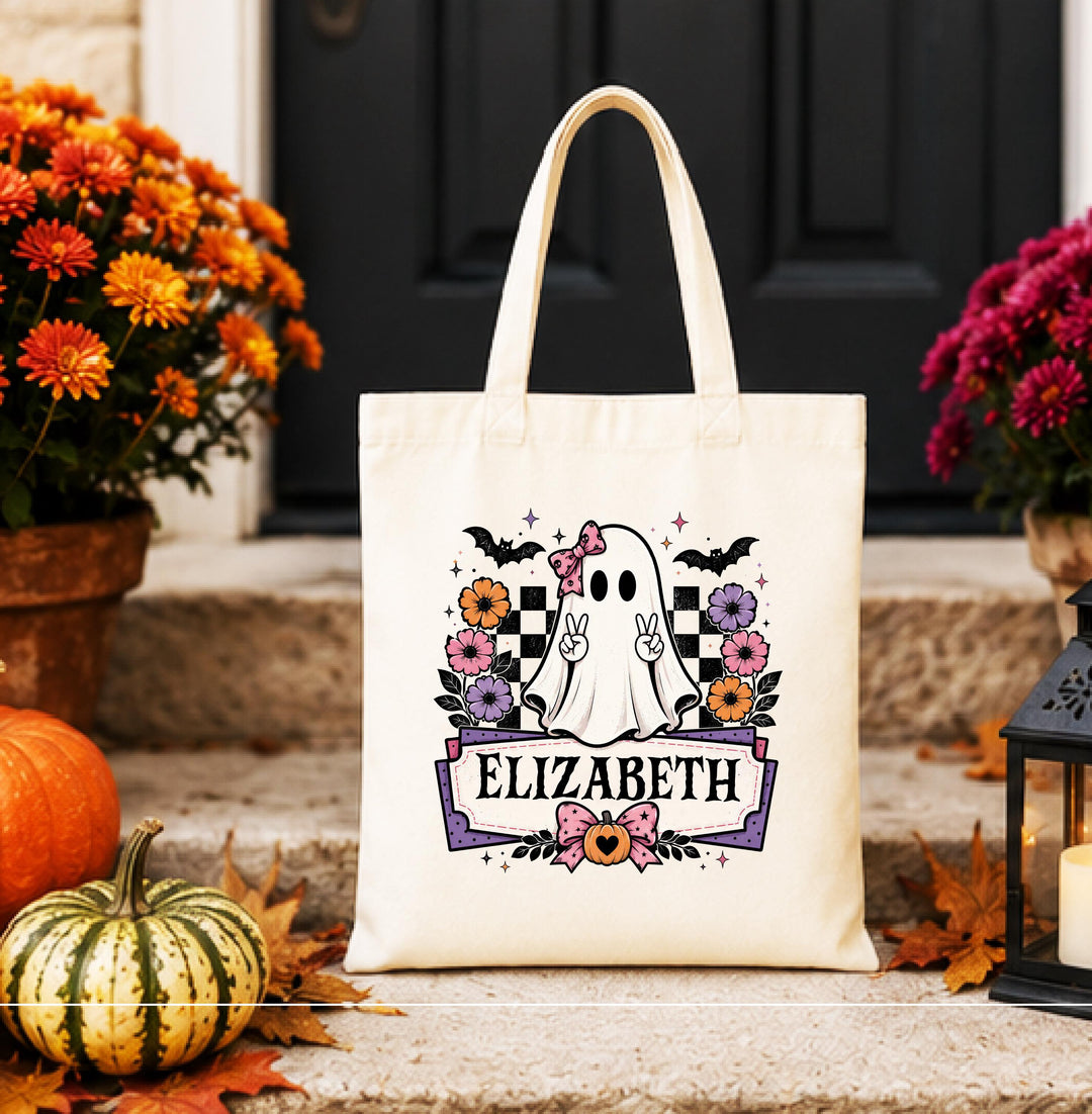 Personalized Retro Ghost Halloween Tote – Custom Name Candy Bag