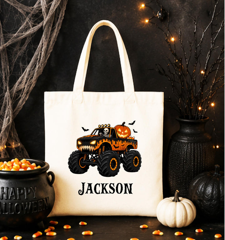 Personalized Monster Truck Skeleton Halloween Tote – Custom Name Candy Bag