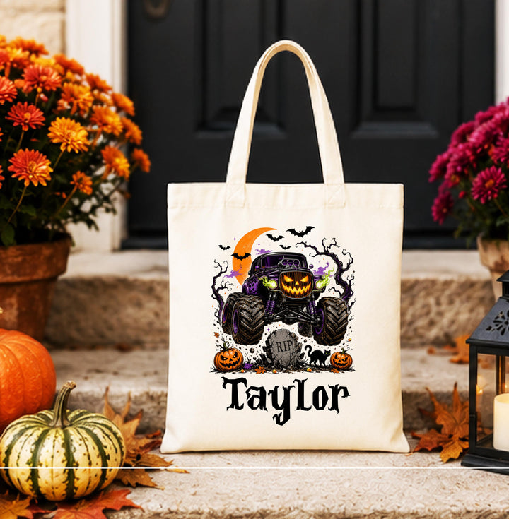 Personalized Monster Truck Graveyard Halloween Tote – Custom Name Bag