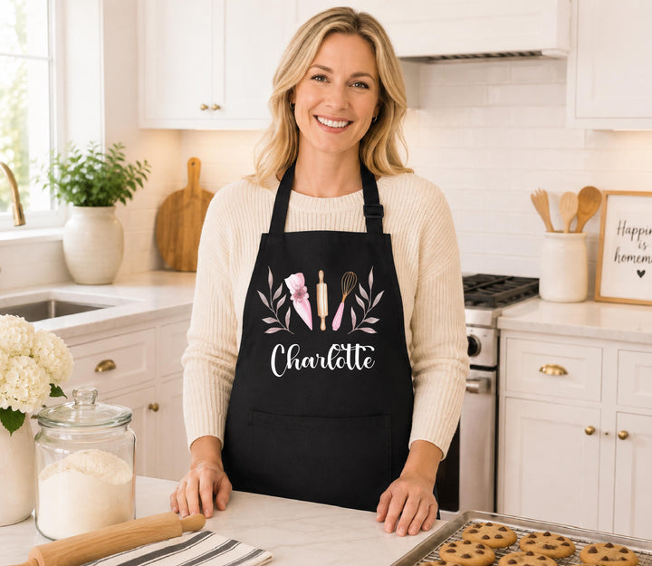 Personalized Mom Daughter Aprons, Floral Baking Utensil Apron, Custom Name Kitchen Apron, Matching Mommy Me Apron, Baking Gift