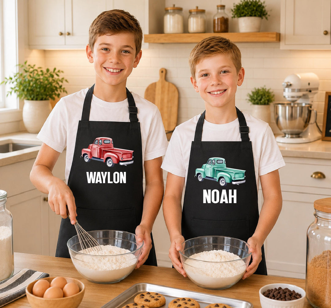 Personalized Boys Baking Apron, Custom Name Kids Apron, Vintage Truck Apron, Grandson Gift, Little Baker Gift, Kids Kitchen Apron