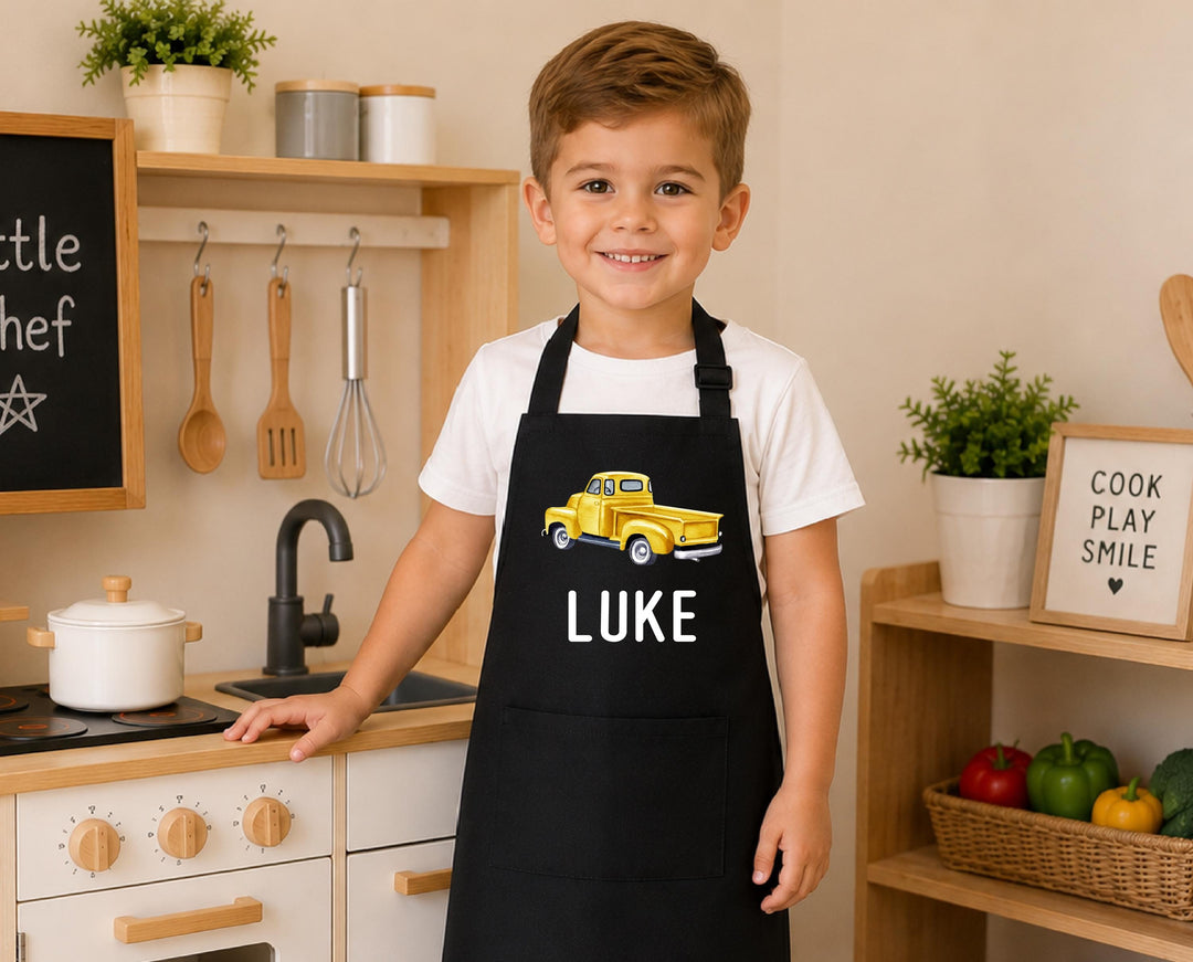 Personalized Boys Baking Apron, Custom Name Kids Apron, Vintage Truck Apron, Grandson Gift, Little Baker Gift, Kids Kitchen Apron