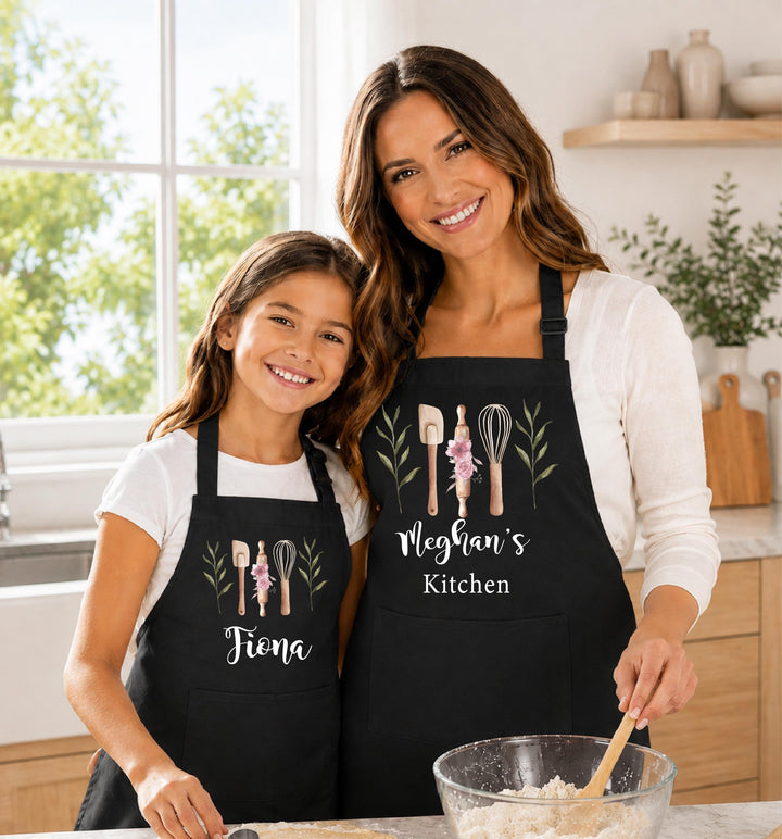 Custom Name Kitchen Apron, Matching Mommy Me Baking Gift Floral Baking Utensil Apron