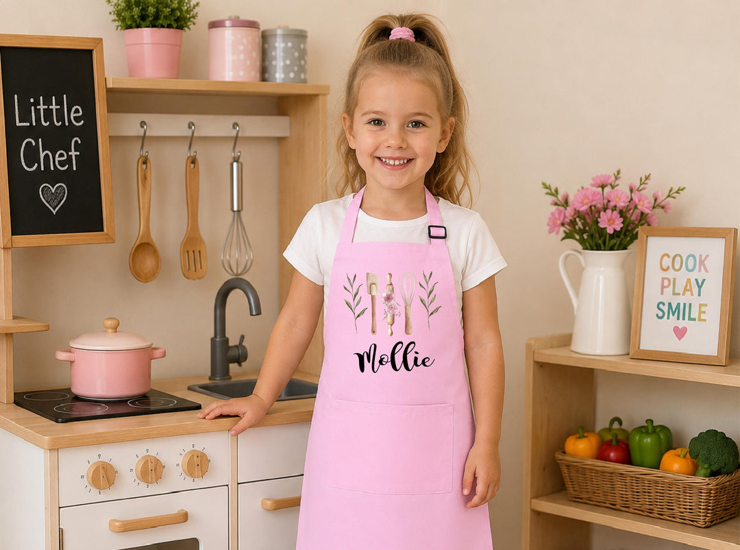 Custom Name Kitchen Apron, Matching Mommy Me Baking Gift Floral Baking Utensil Apron