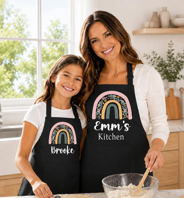 Personalized Boho Floral Rainbow Apron, Custom Name Baking Apron, Matching Mommy Me Kitchen Gift