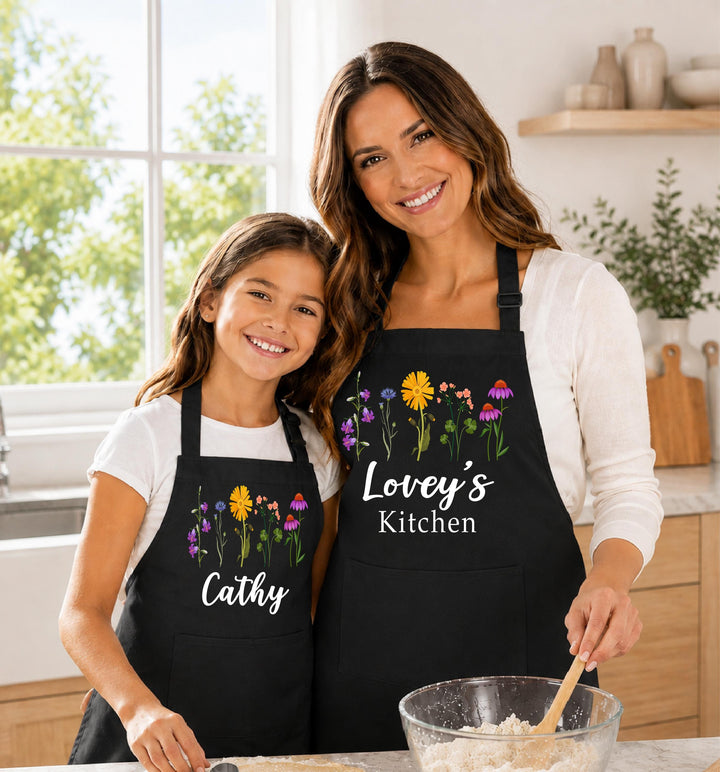 Custom Name Wildflower Baking Apron – Sisters Matching Gift
